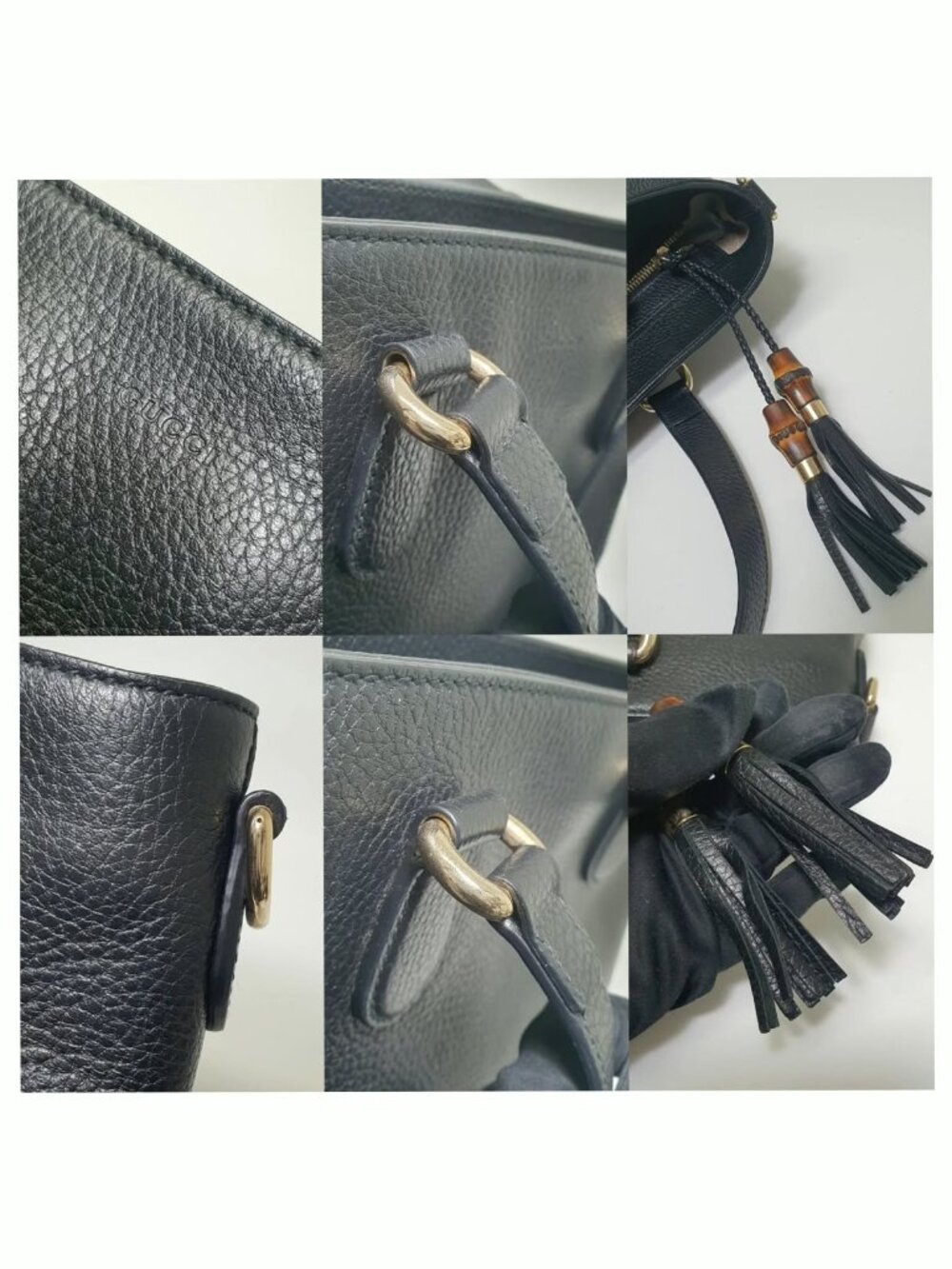 Authentic Gucci Black Leather Tote Bag Bamboo Tassel Crossbody Satchel Gold Hard - Picture 7 of 12